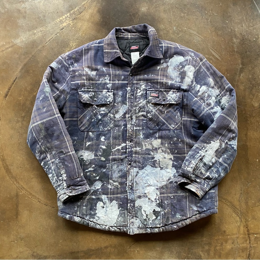 VTG Y2K Dickies Faded Distressed Plaid Button-Up Jacket with Paint Splatter